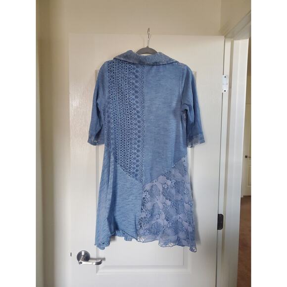 Kamana Lagenlook Burnout Embroidered Light Blue Tunic Blouse Dress, Size Medium - Picture 10 of 15